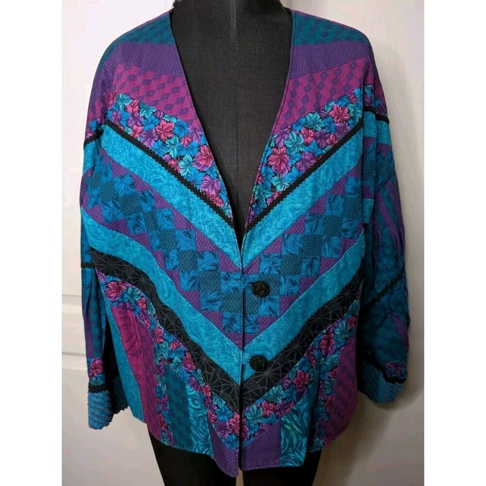 Vintage Blue & Purple Oriental Quilted Couture Jacket Hand Crafted One Size L/XL